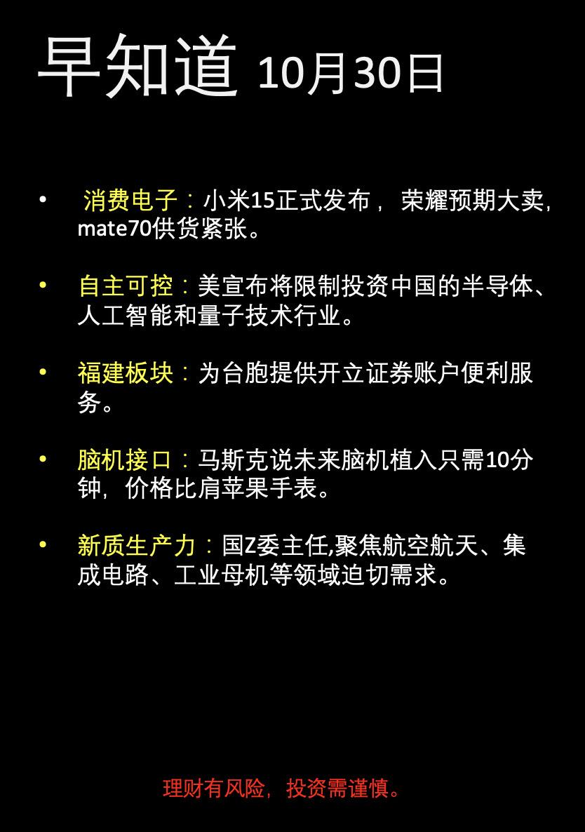 10月30日早知道，自主可控，新质生产力，消费电子。