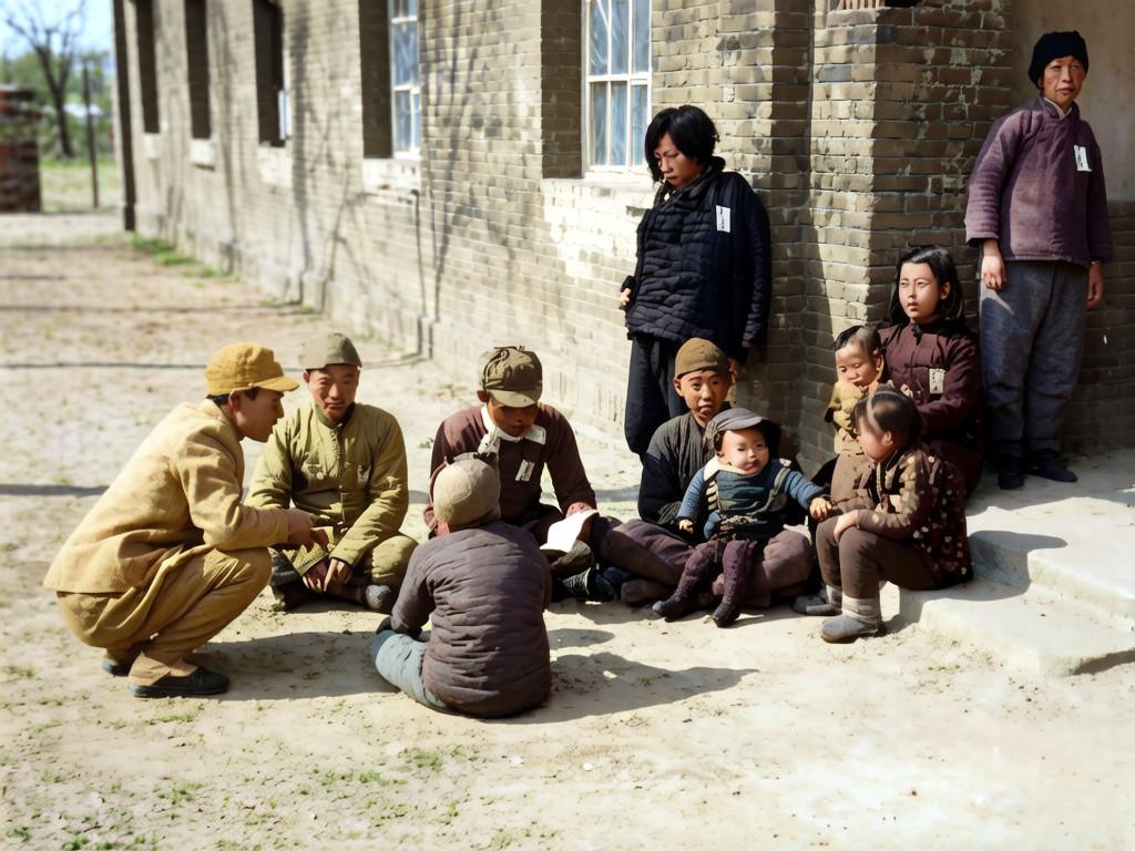 1940年2月25日，山西太原城内，两名拖家带口投降的国民党军人正在接受日本人的