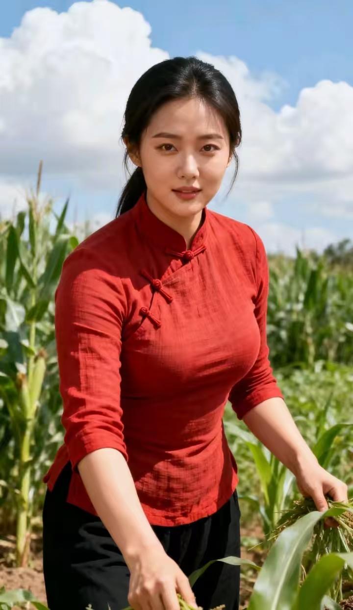田间倩影
红衫一抹映田畴，
翠色千重绕碧流。
纤影躬耕风作伴，
清芳尽在自然柔。