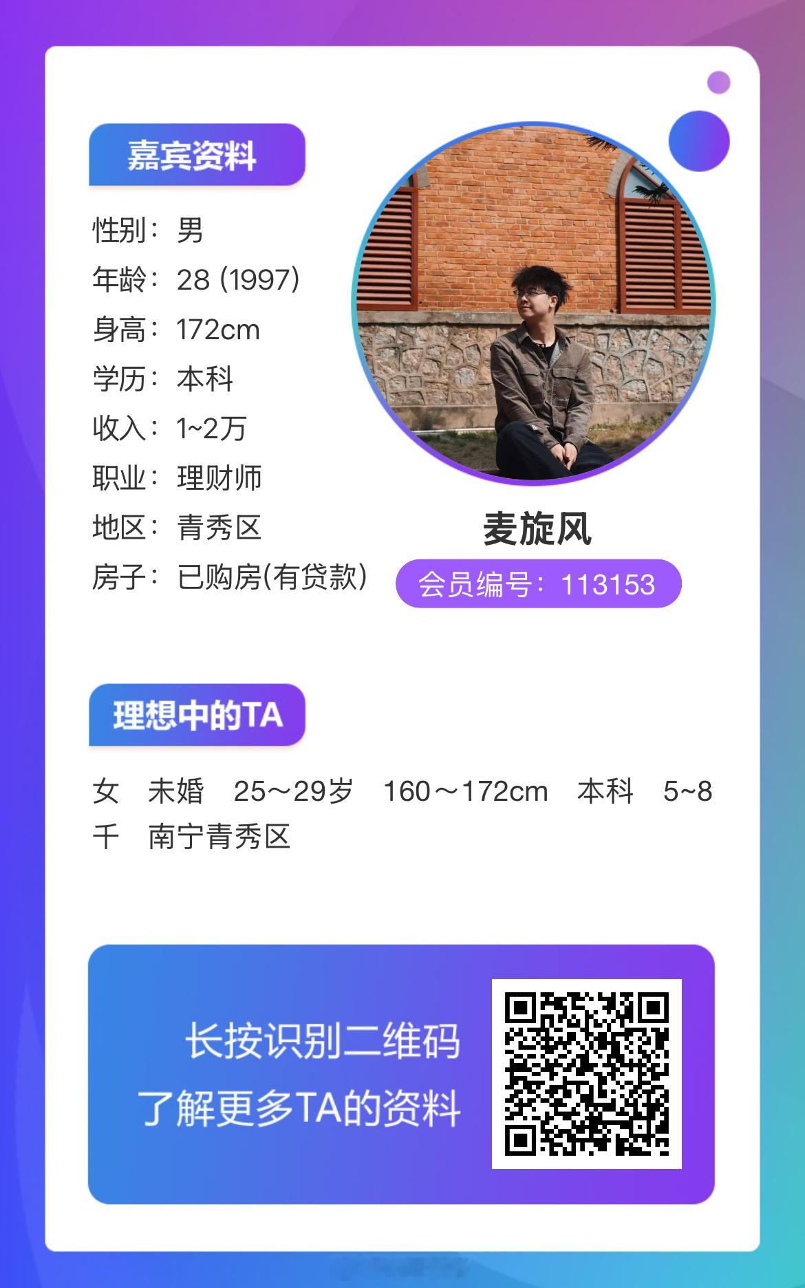 113153男嘉宾：97年，身高172，现居南宁，详情如下↓ 