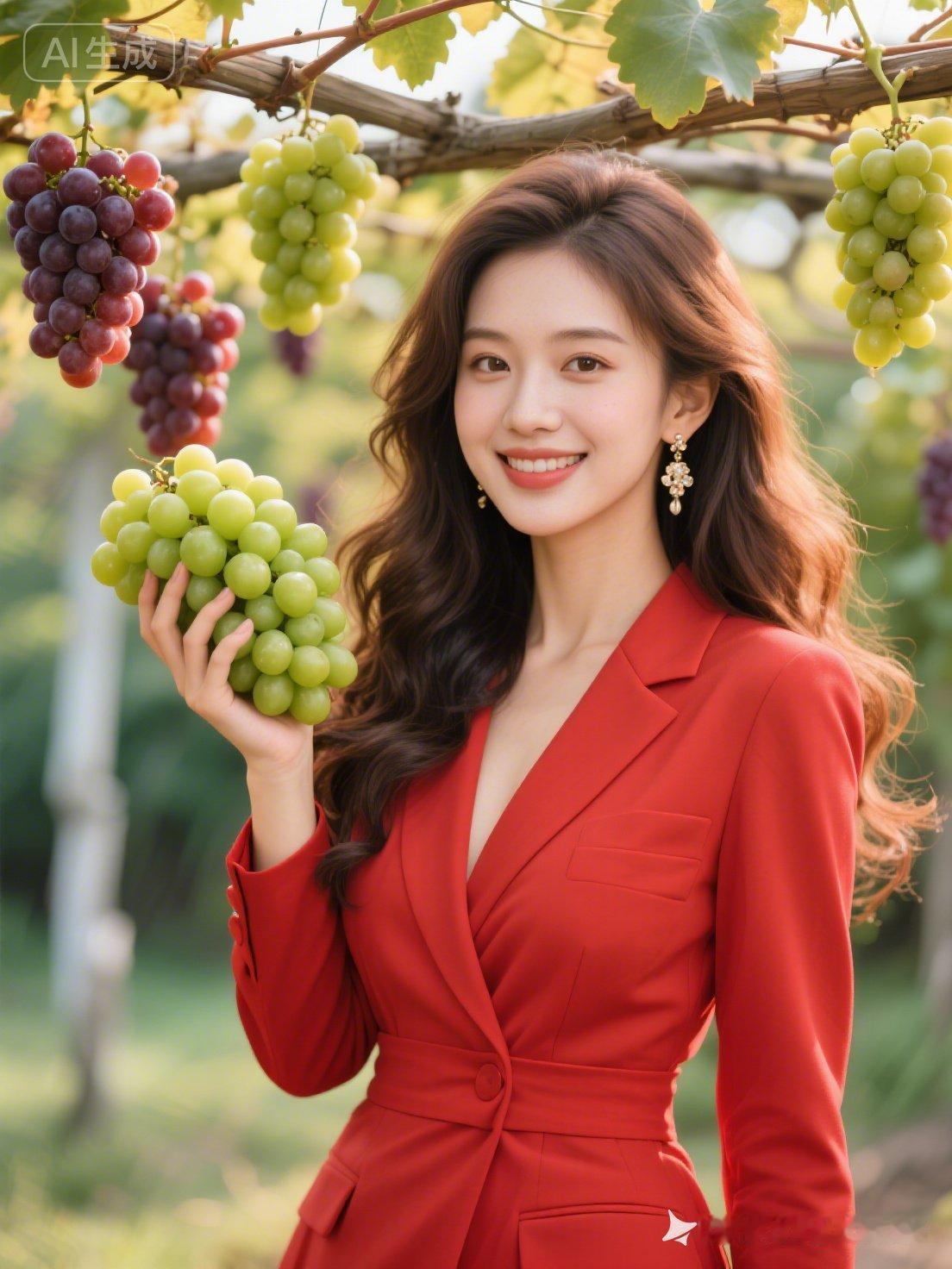 阳光下的甜美瞬间，红衣少女与葡萄的完美邂逅🍇💃🏻