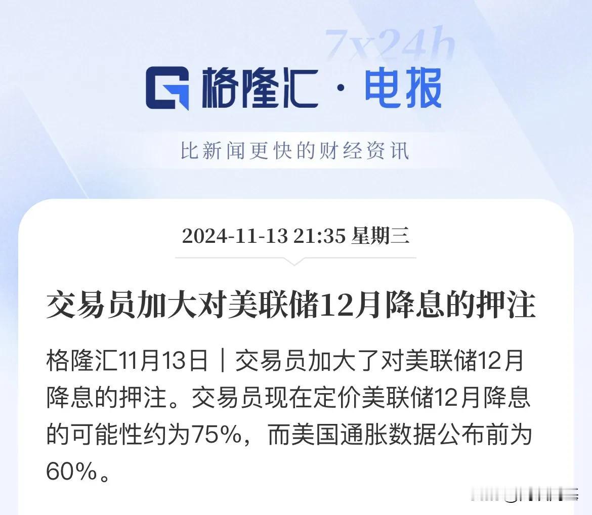 美国10月通胀数据核心CPI符合市场预期！交易员加大了美联储12月降息的押注，降