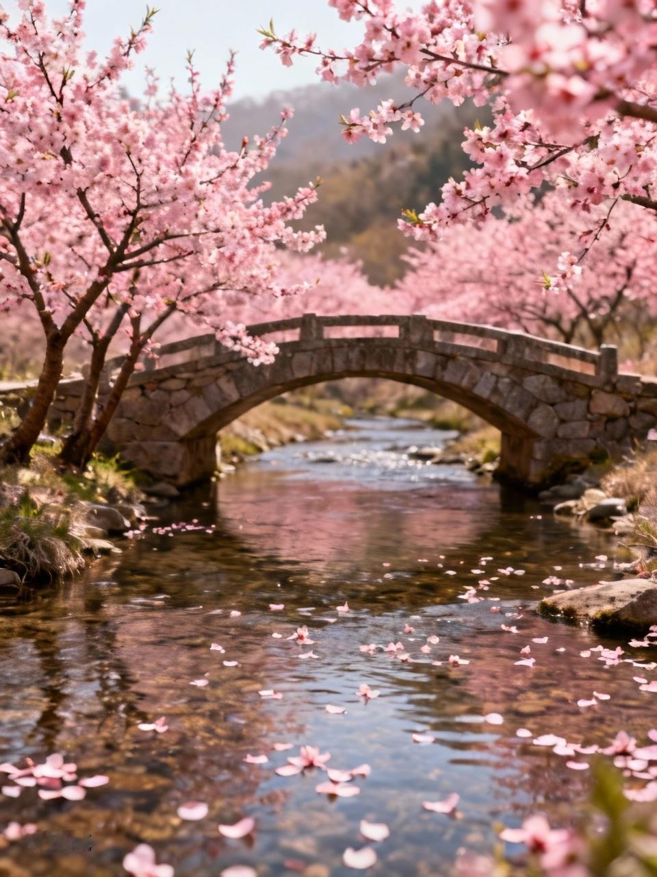 AI妙生图小桥流水桃花鲜。