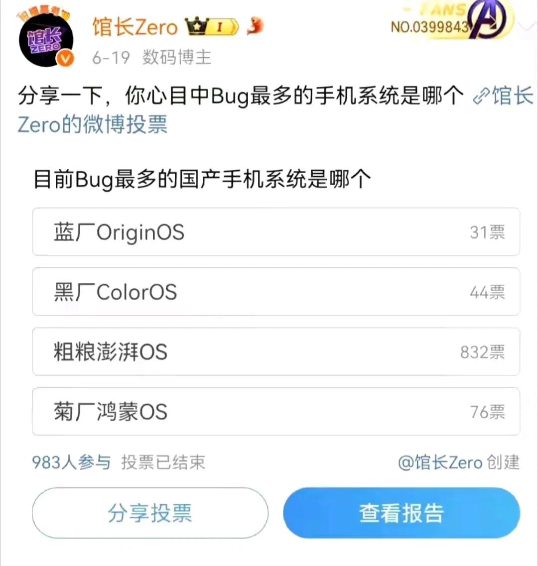 某博主发起了BUG最多的国产手机系统，4个选项蓝绿厂加菊厂加粮厂，粮厂得票率“遥