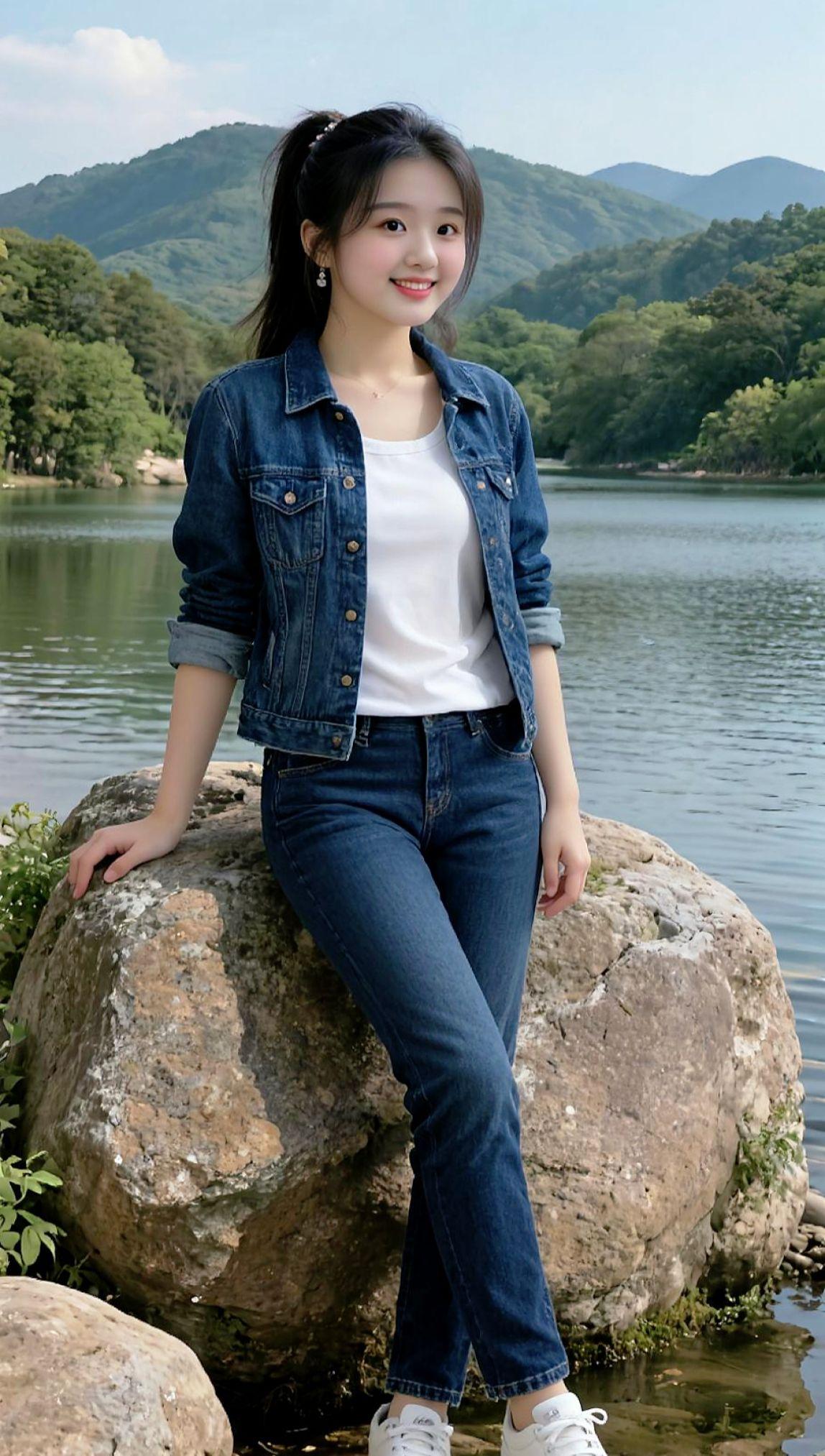 甜美微笑 池塘晒太阳 小姐姐 特写 自拍