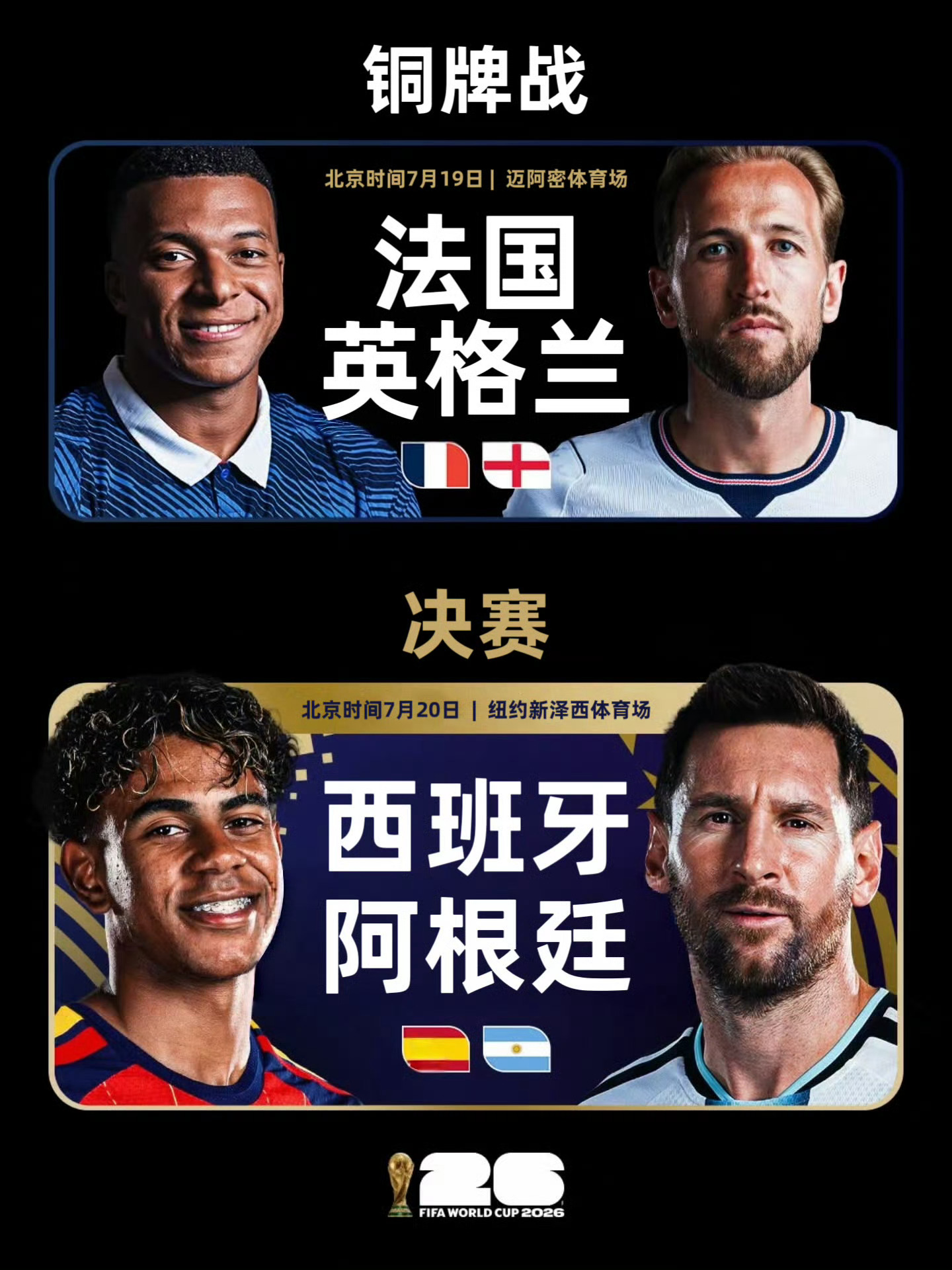 决赛：西班牙🆚阿根廷铜牌战：法国🆚英格兰这个夏天最炽热的篇章，即将翻开世界杯