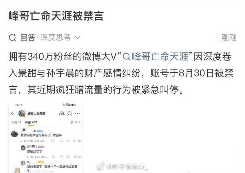 峰哥亡命天涯被禁言峰哥大概率是因为这两条博文被禁言的。 ​​​