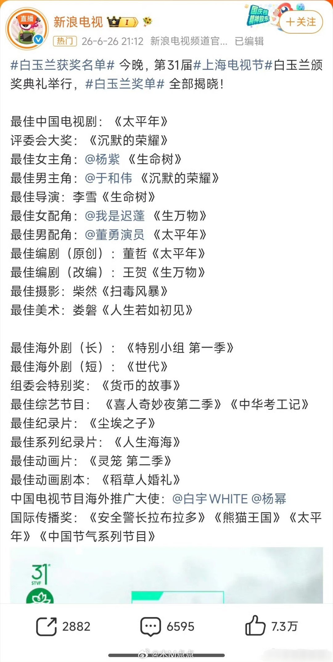 白玉兰获奖名单，杨紫白玉兰视后 现在的电视剧评奖，是不是题材第一重要？白玉兰内场