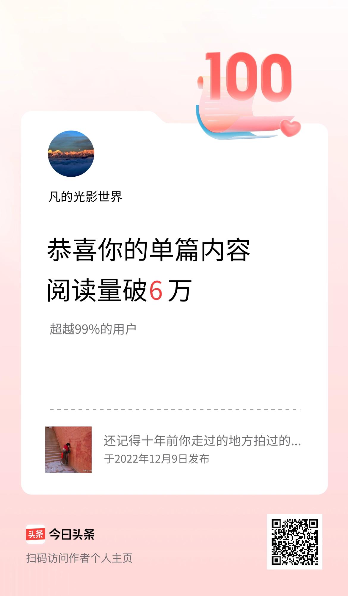 单篇内容获得阅读量破6万啦！