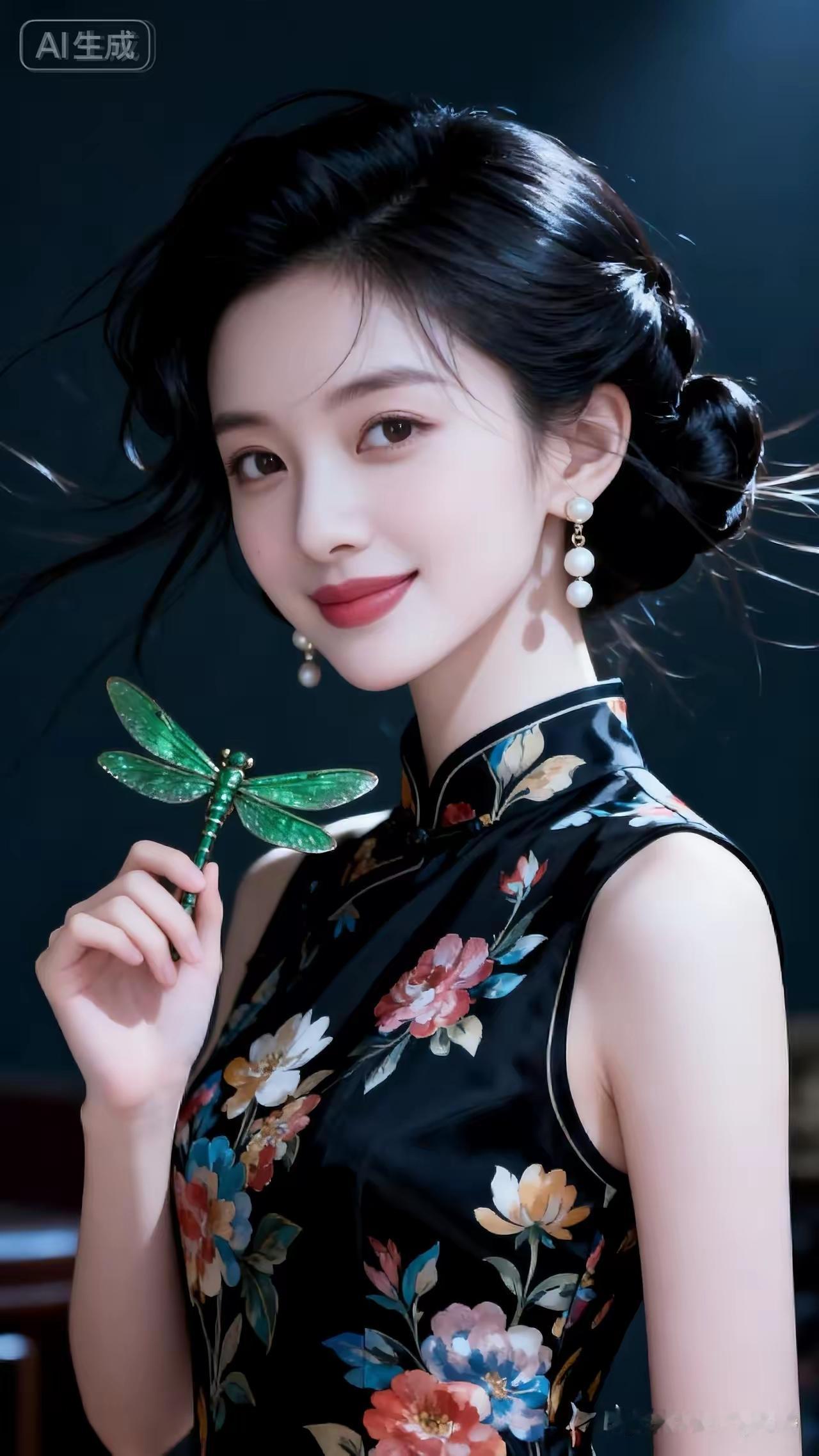 黑发红唇的东方美人，手持绿色蜻蜓，优雅动人。
