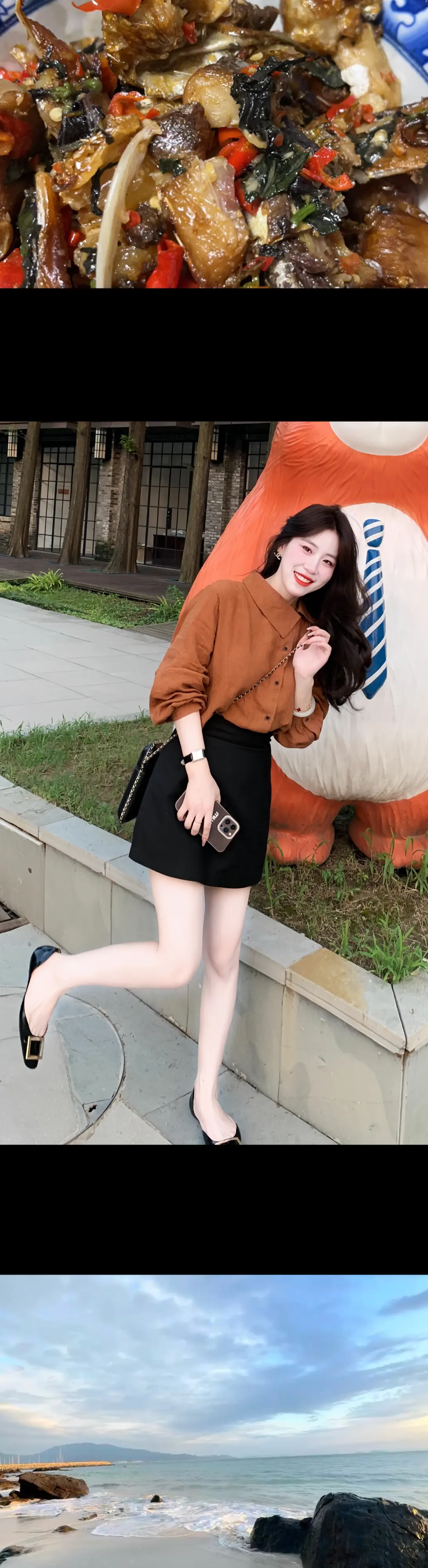 韩系慵懒风。复古斜领小众衬衫➕韩系显瘦小黑裙~一套上身韩系慵懒~简约气...