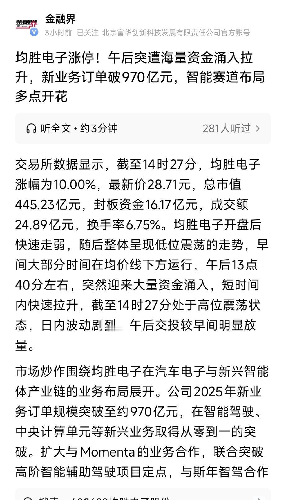 均胜电子涨停！970亿订单引爆，汽车+机器人双主线爆发
 
4月21日，均胜电子