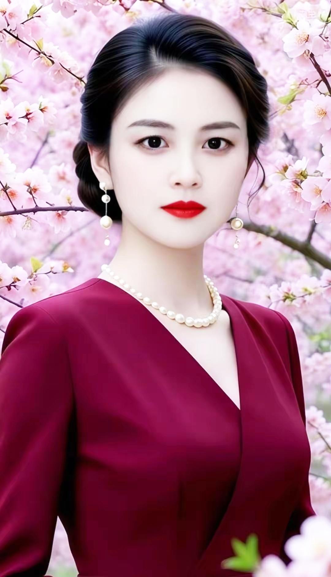 优雅红衣美人，粉花映衬，尽显东方韵味