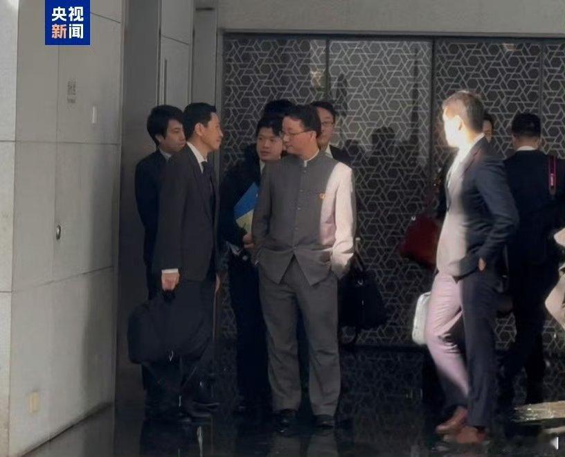 我亚洲司司长刘劲松（双手插兜者）主打一个“松弛感”。日本外务省官员身体前倾，像犯