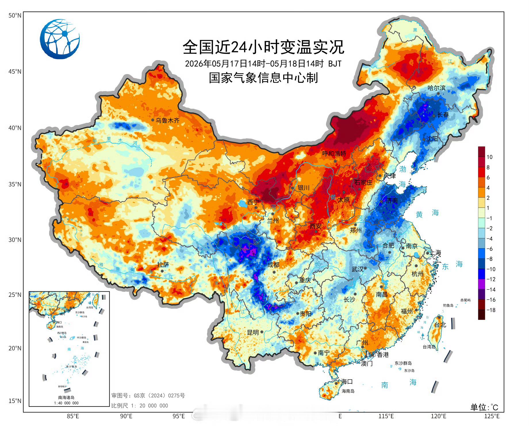 气温图上演春夏冬同框今天，冷空气携阴雨影响吉林、辽宁、山东、青海、四川、云南等地