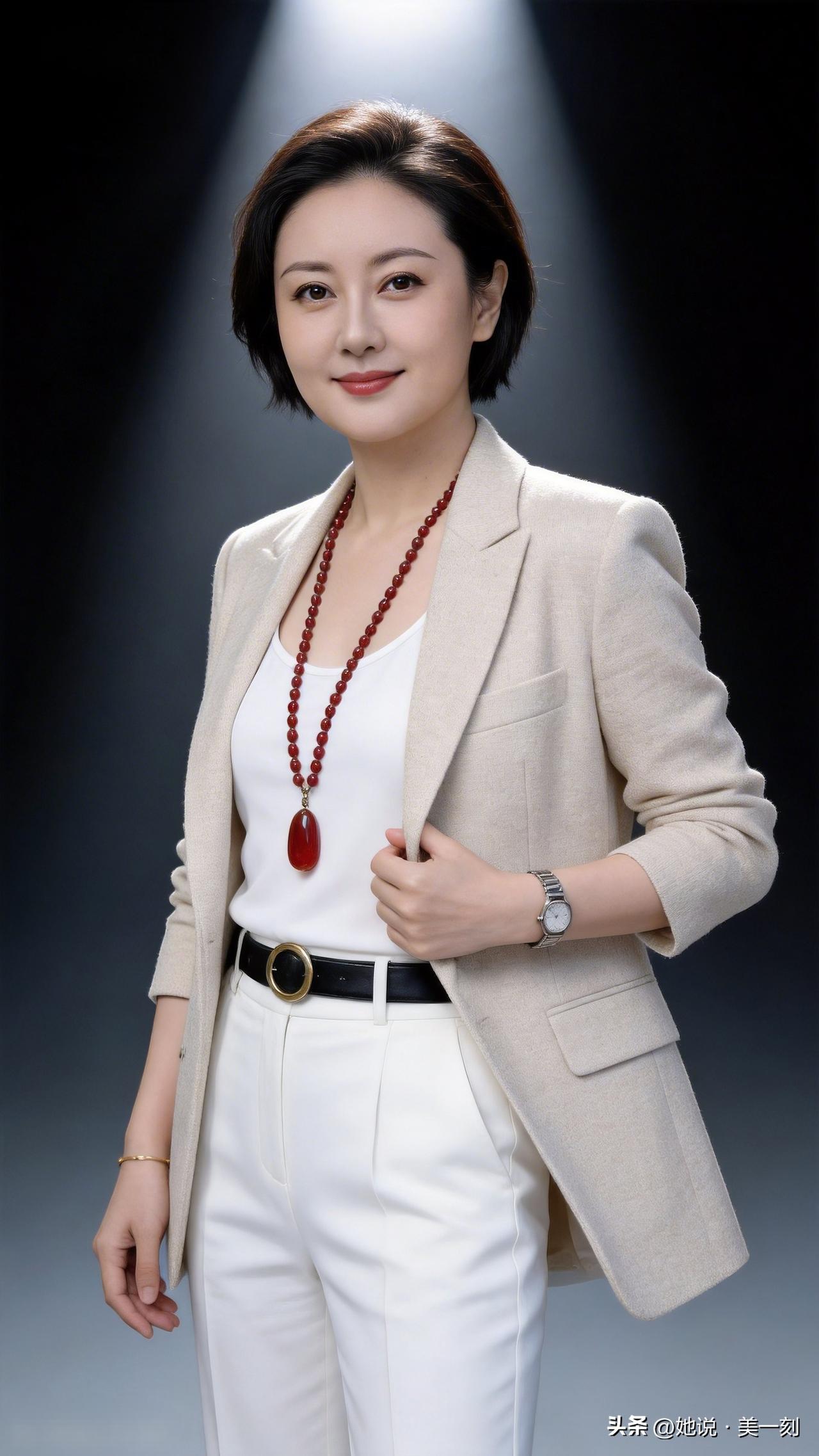 优雅职场风，白裤搭配米色西装，红宝石项链点缀，尽显女性魅力！