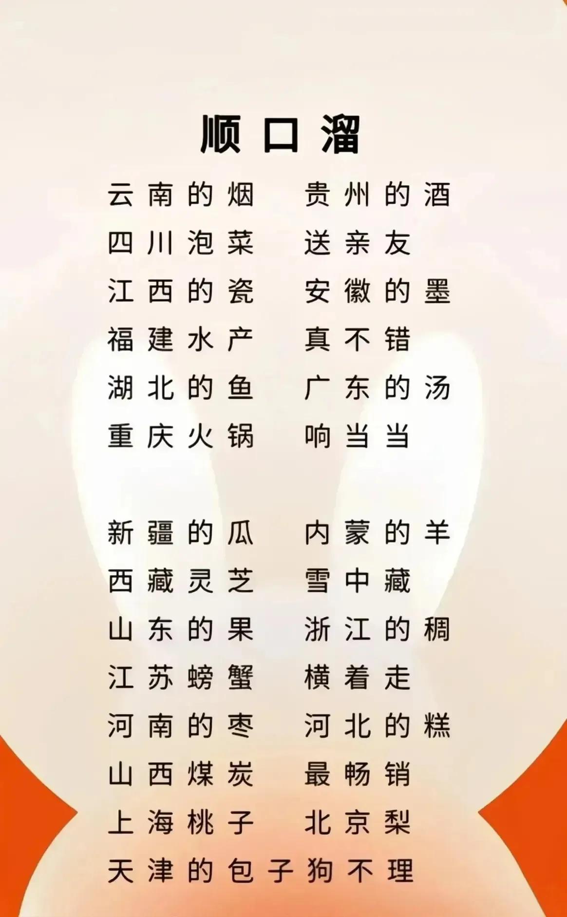 🈶趣《顺口溜》

山东的果
浙江的稠
江苏螃蟹
横着走