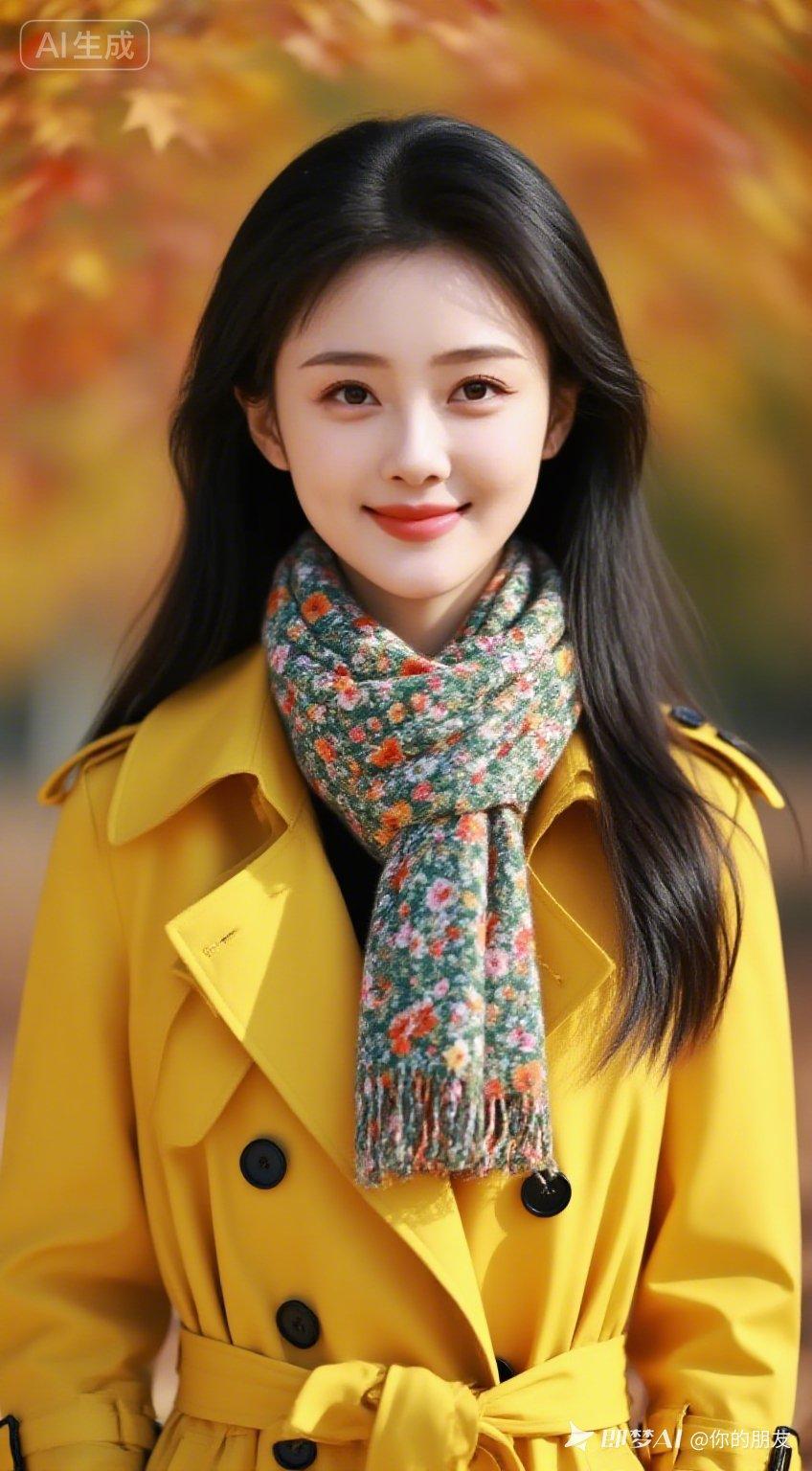 秋日暖阳下的温柔微笑，黄色大衣与花色围巾的完美搭配，温暖又时尚。