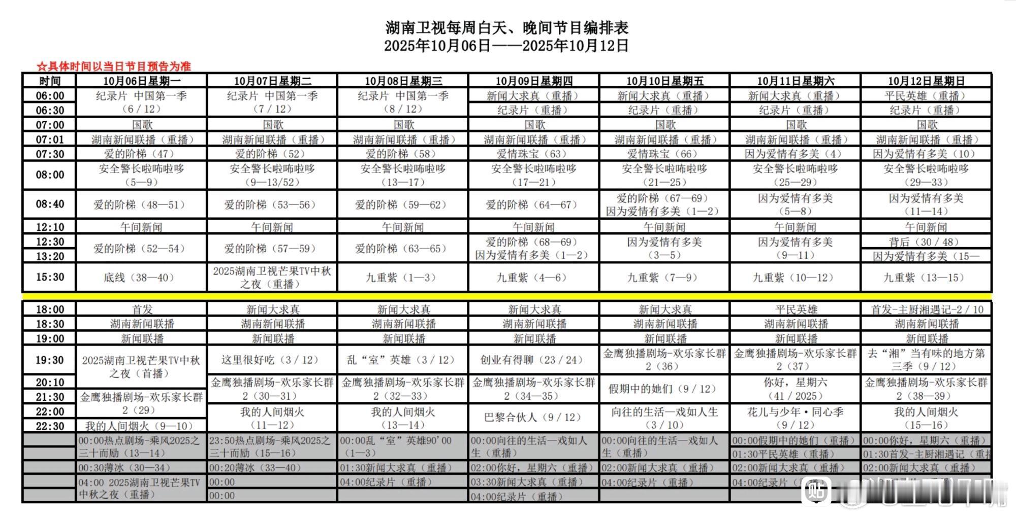 湖南卫视下周编排：上午剧场：《因为爱情有多美》下午剧场：《九重紫》金鹰剧场：《欢