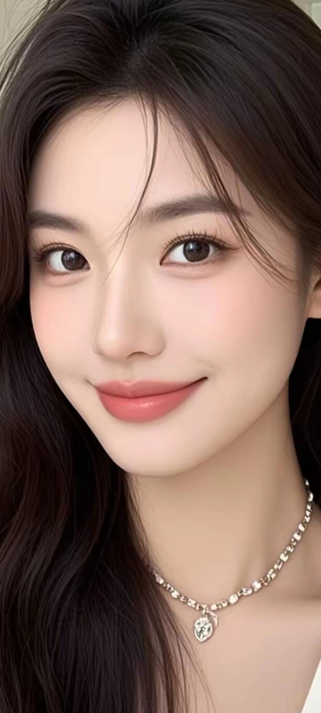 甜美笑容，温柔可人，佩戴精致项链，散发迷人魅力。