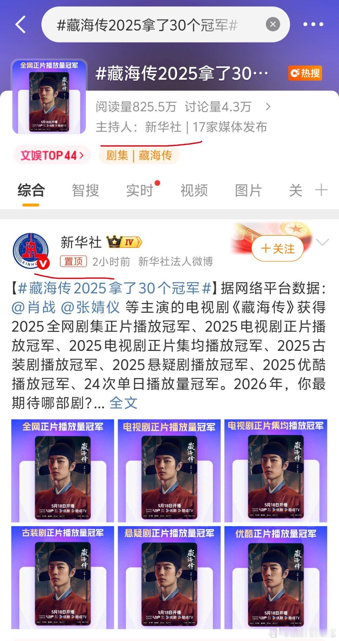新华社给藏海传带话题冲热搜话题是：藏海传2025拿了30个冠军，谁懂这种爽感剧王