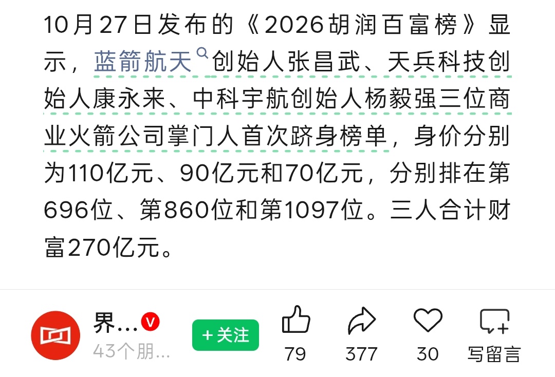 蓝箭航天 天兵科技  中科宇航创始人首登百富榜 ​​​