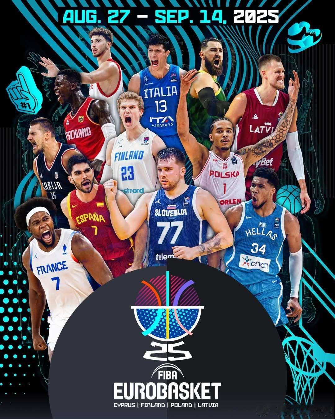 FIBA欧锦赛官方预热海报：各国家队的头牌集结，东契奇占据C位[举手] ​​​