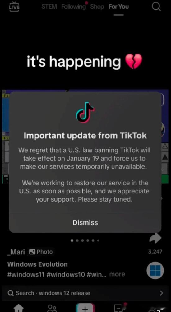 TikTok已在美国正式关闭短视频社交媒体平台TikTok公司当地时间18日晚发