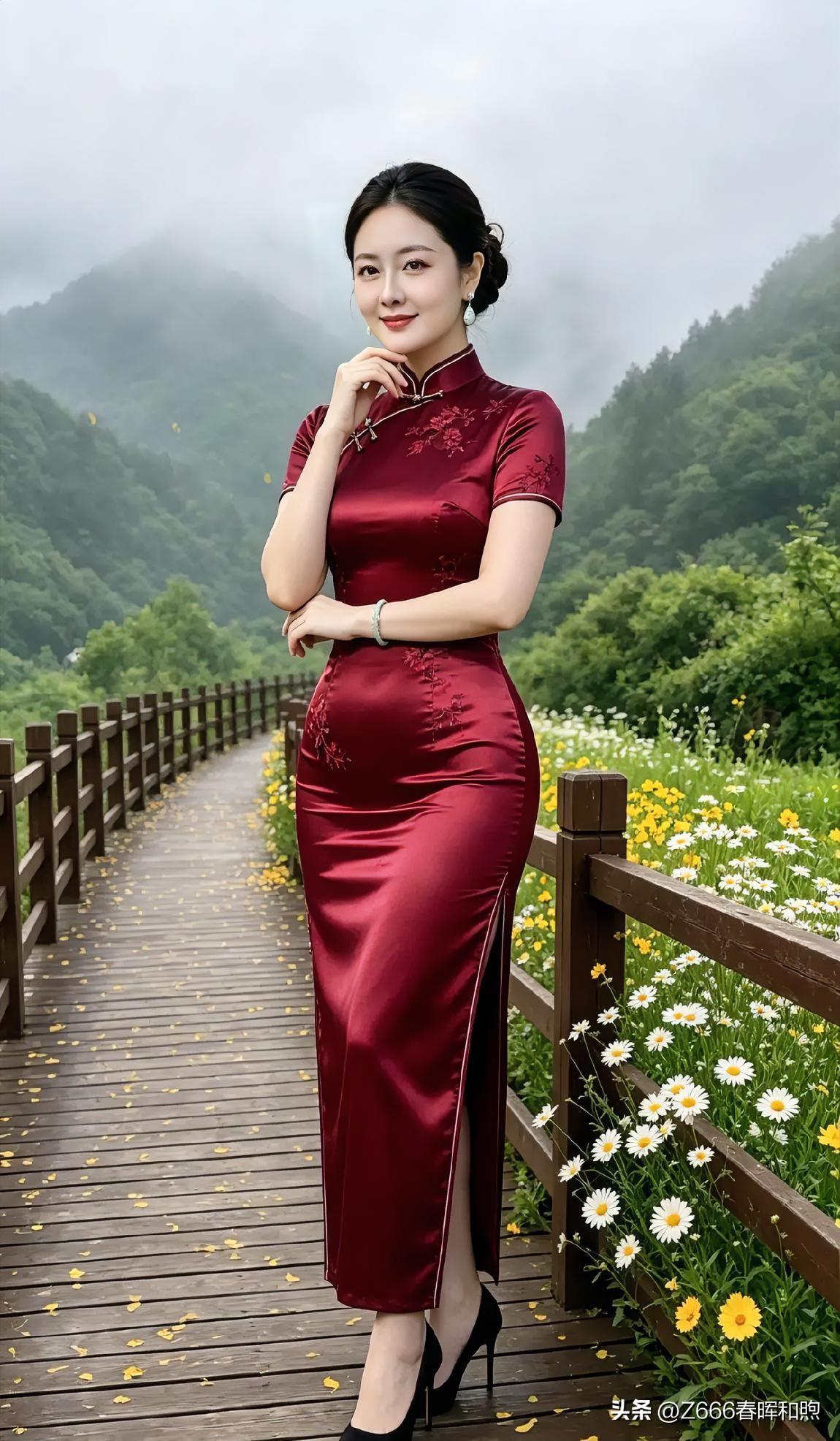 赤霞凝缎，旗袍绣芳华。倚栏浅笑，远山含黛，繁花簇拥木栈道。一袭红韵融烟雨，温婉如