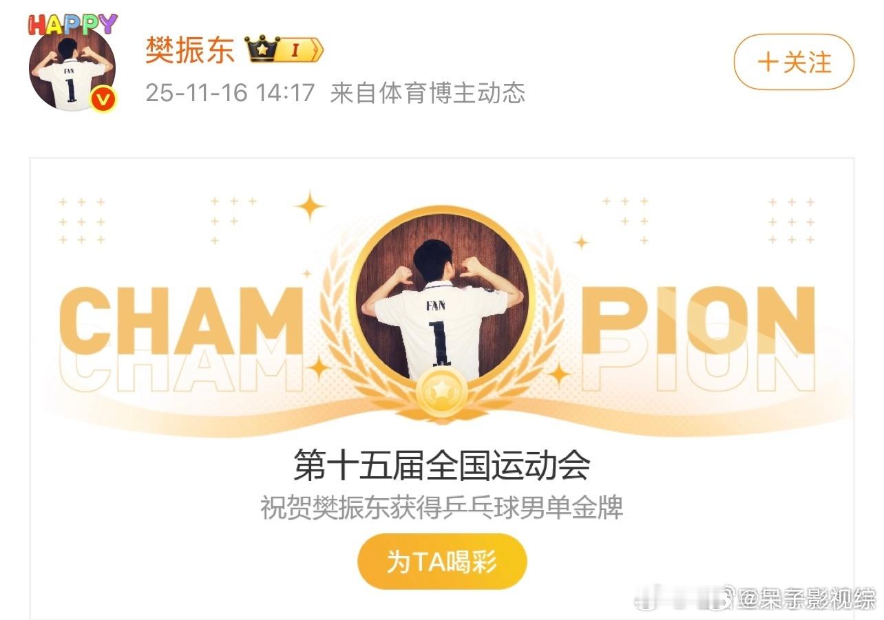 恭喜樊振东卫冕全运会男子乒乓球单打冠军 