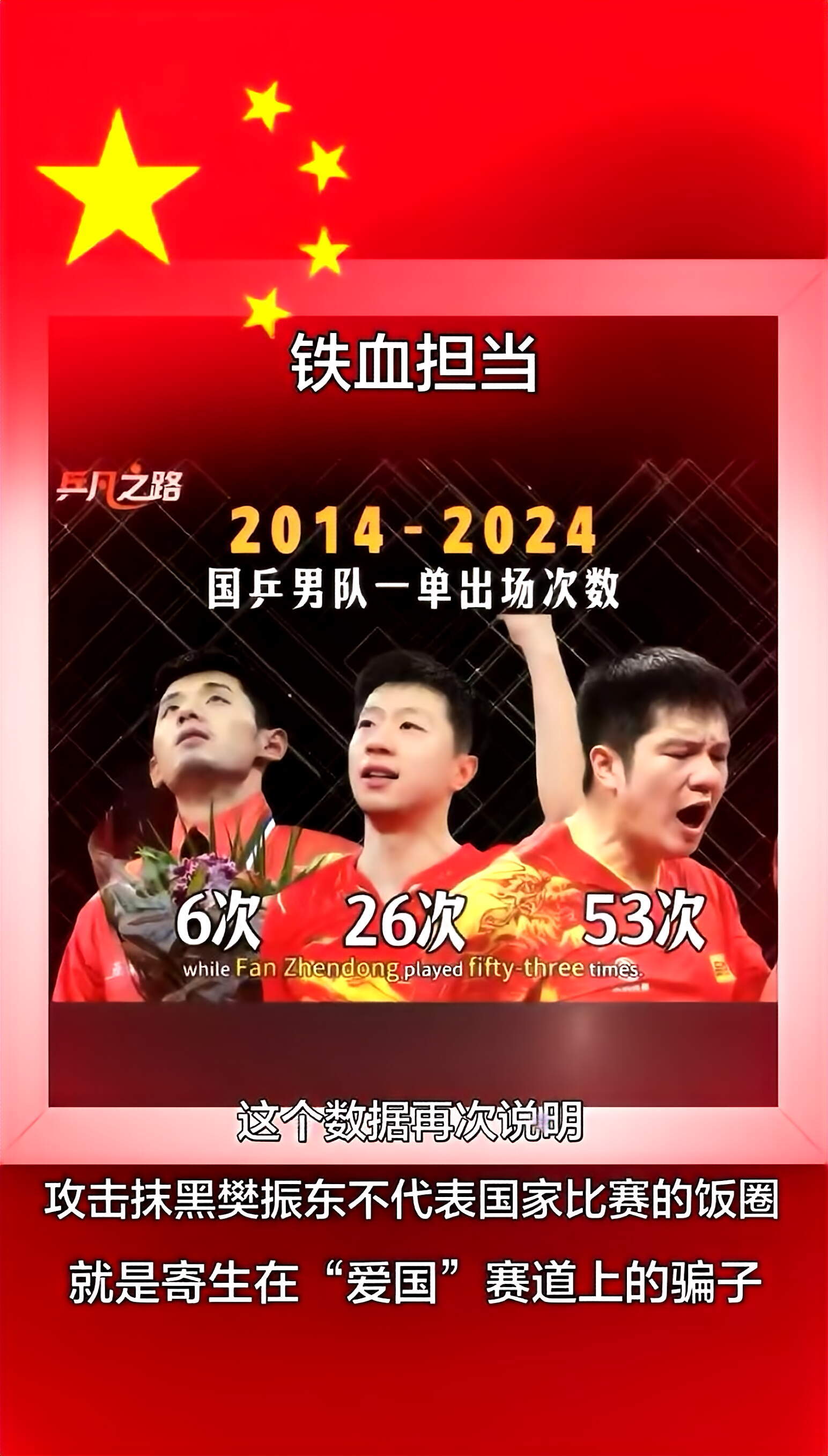 事实胜于诡辩。抹黑樊振东不为国而战的饭圈就是寄生在“爱国”赛道上割韭菜的骗子。樊