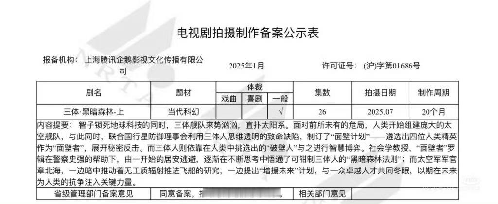 企鹅影视「三体·黑暗森林-上」备案公示 预计7月开拍。 