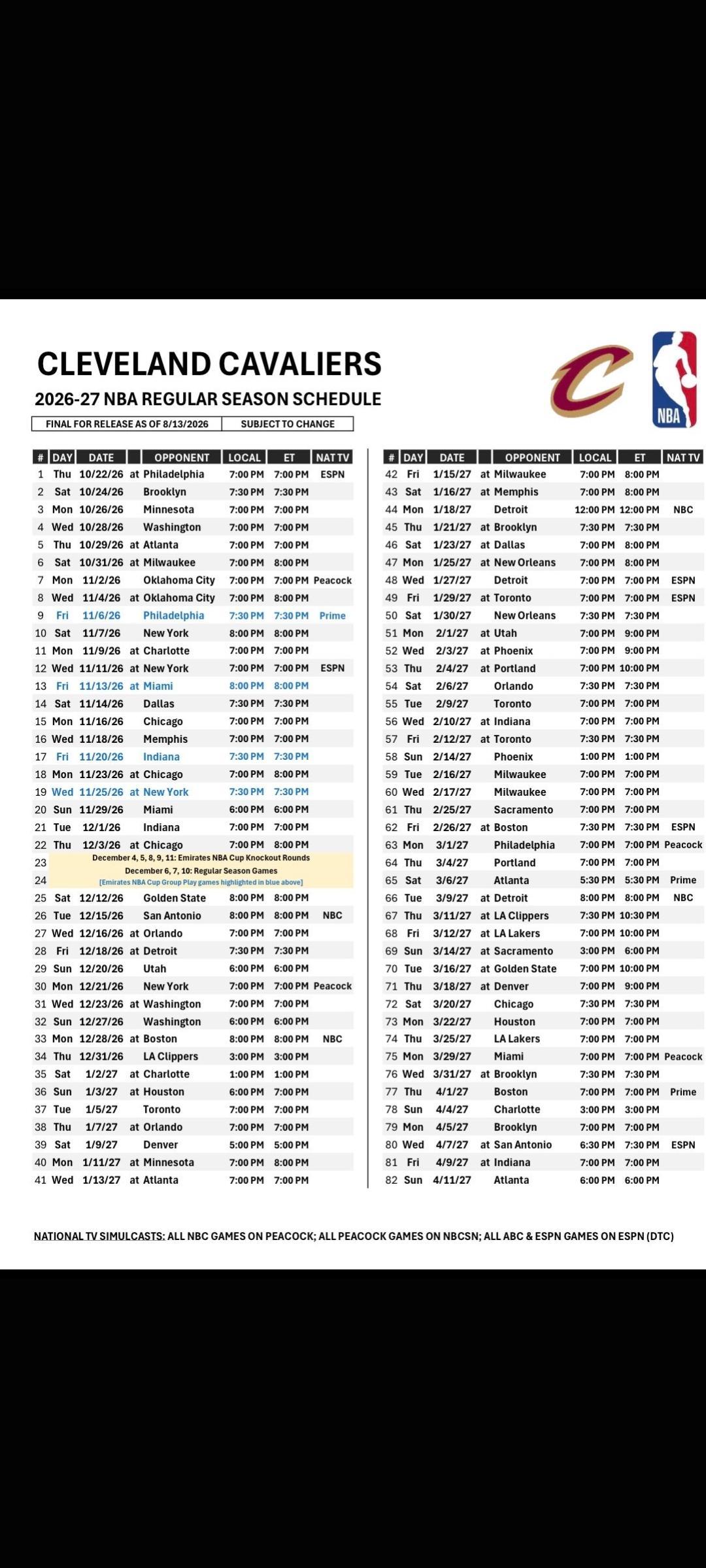 骑士新赛季完整赛程，17场全美直播！15场背靠背！nba赛程