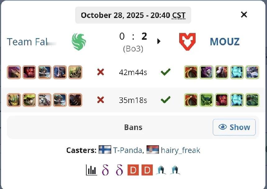 DOTA2:裂变天地S2淘汰赛，MOUZ暴打Falcons

MOUZ 2:0 