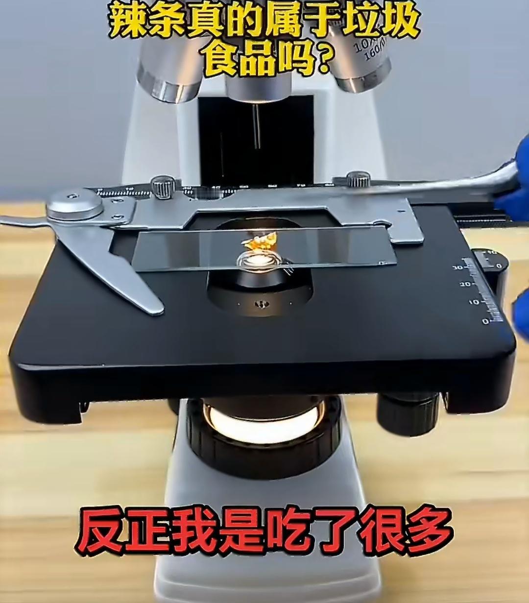 显微镜下的辣条 这类视频的操作从头到尾都不规范，辣条没切片、没滴清水展平、没加盖