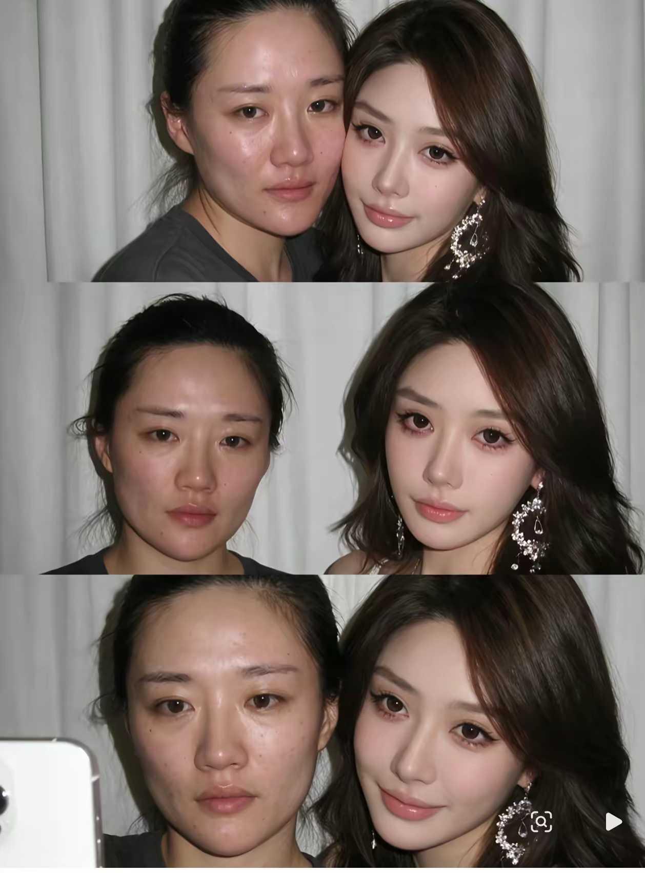 一个整容女孩和她的原生脸合照。