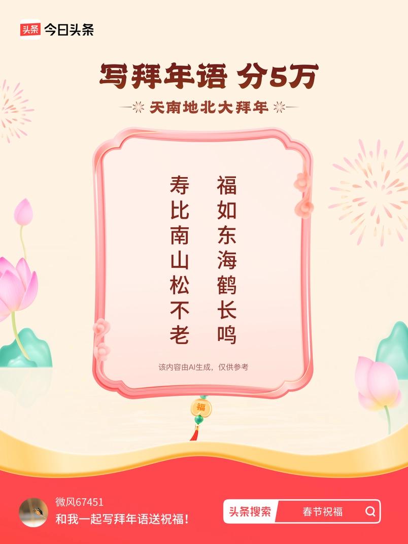 写拜年语送祝福新春拜年送祝福！我的祝福是：“寿比南山松不老，福如东海鹤长鸣”！快