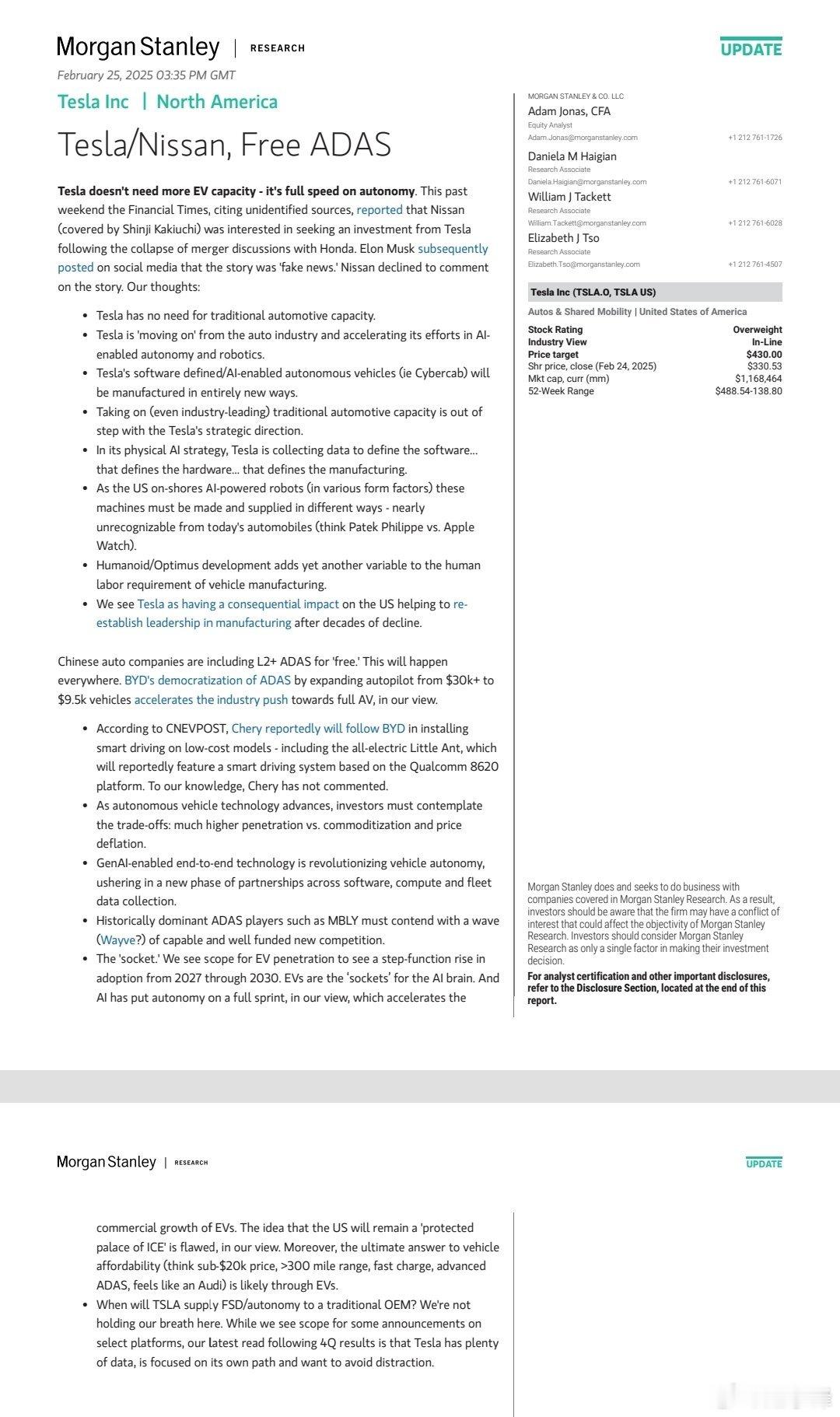 以下是基于摩根士丹利研究报告《Tesla/Nissan, Free ADAS》的