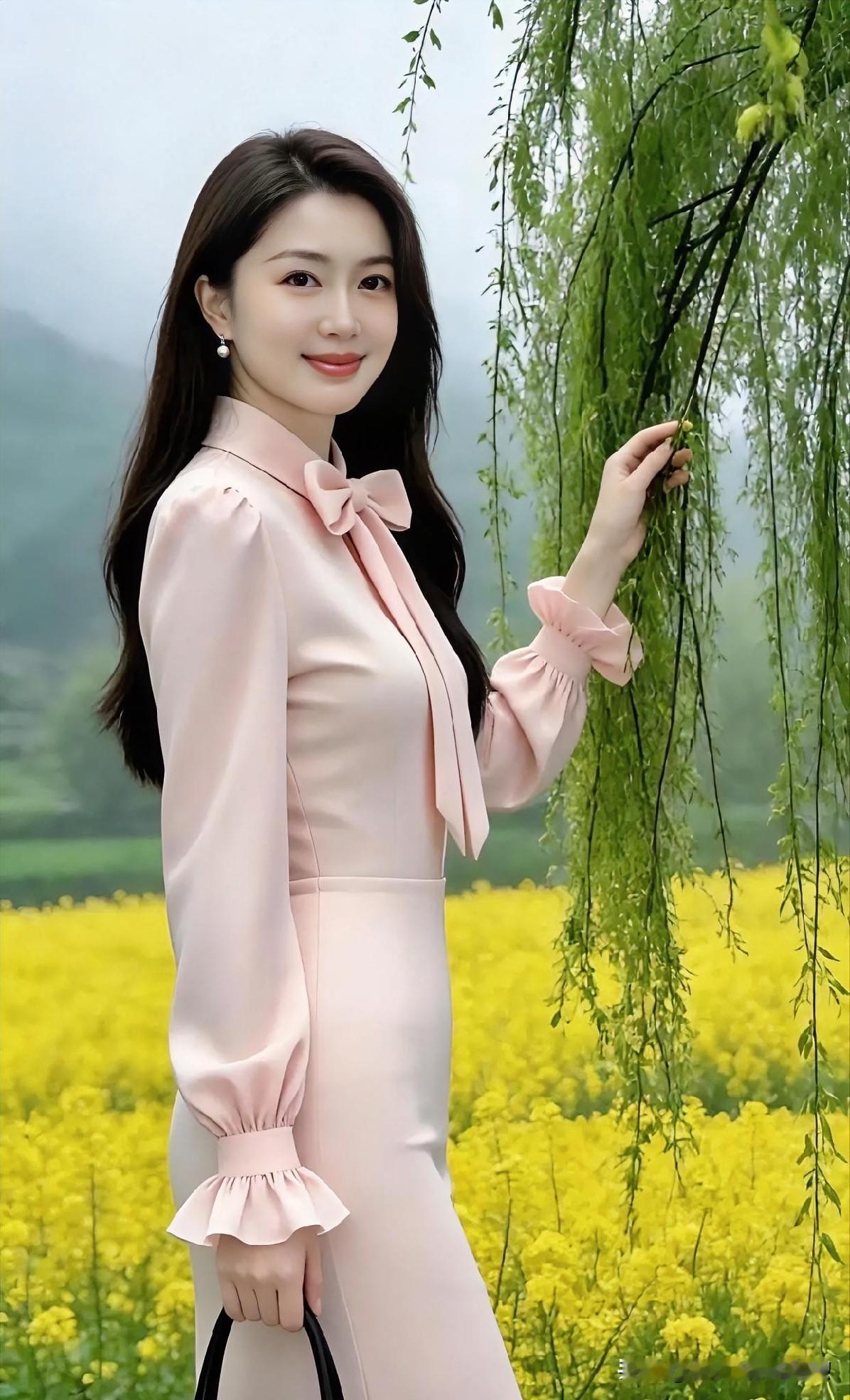 粉裙系蝴蝶结，柳丝轻拂。回眸浅笑，立于金黄花海，邂逅春日温柔诗意。