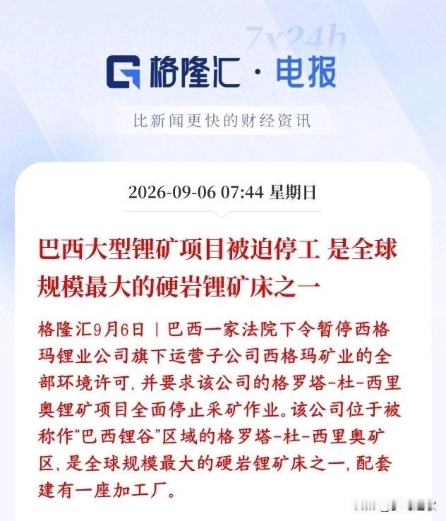 锂矿重大利好消息，全球顶级锂矿停产
巴西格罗塔‑杜‑西里奥锂矿，属于全球数一数二