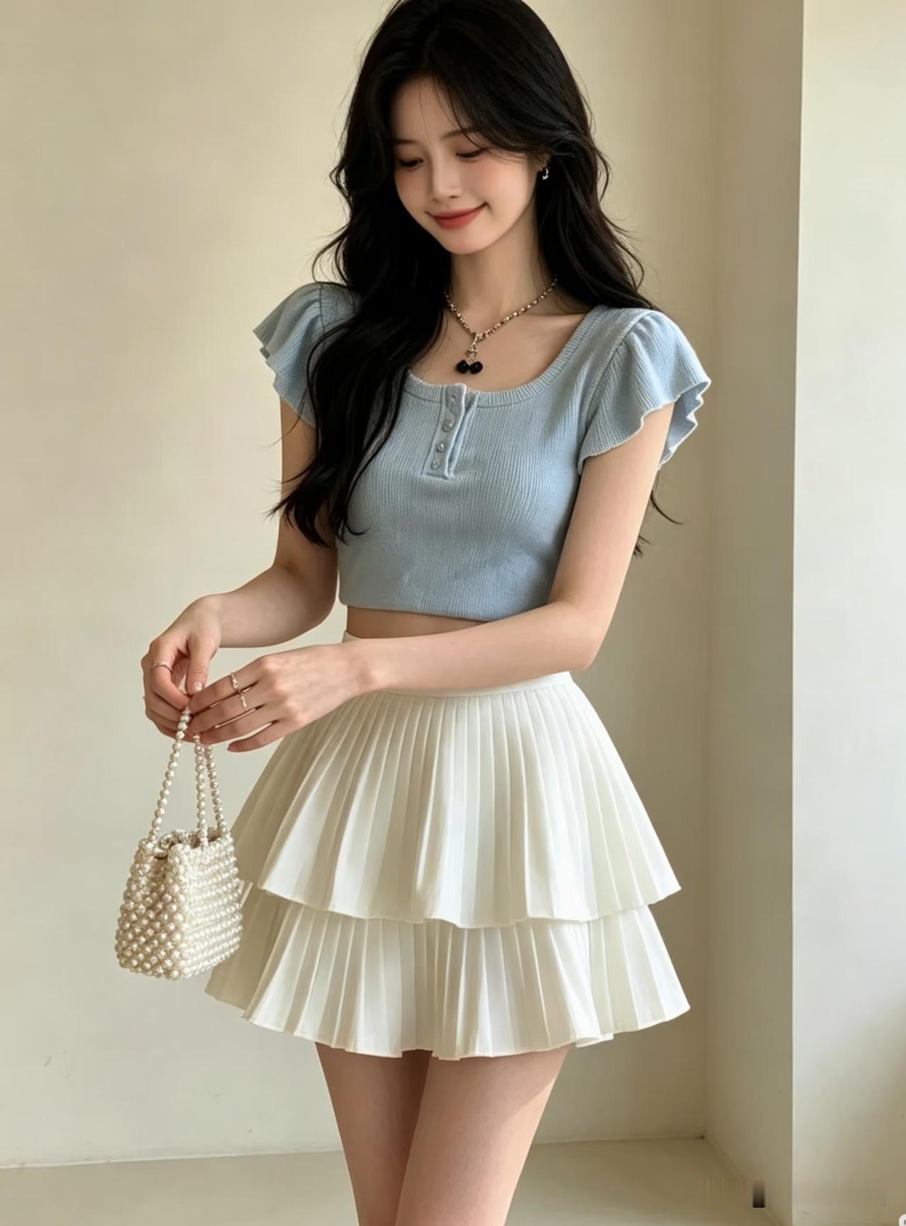 清新少女风穿搭，浅蓝色上衣搭配白色百褶裙，甜美可爱！💕