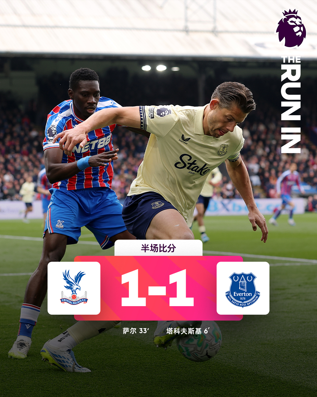 半场比分 | 水晶宫 1-1 埃弗顿⚽第6分钟，塔科夫斯基小禁区左侧推射进球。⚽