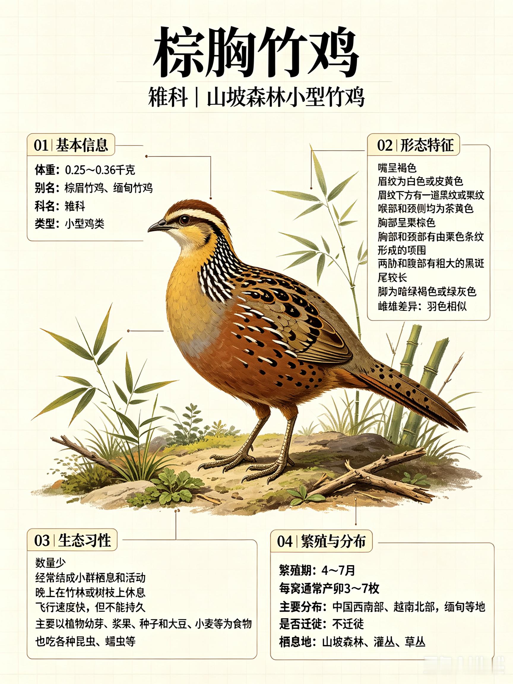 鸟类朋友图鉴 棕胸竹鸡科名：雉科体重：0.25～0.36千克别名：棕眉竹鸡、缅甸
