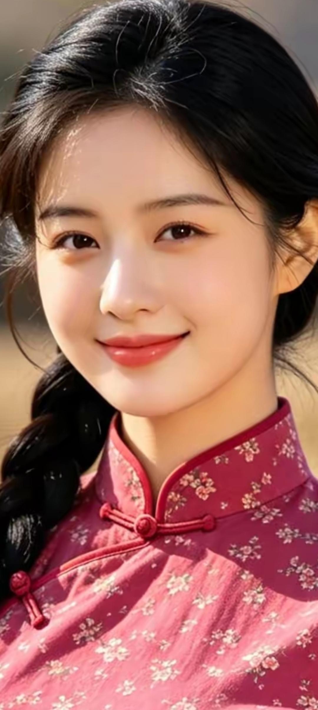 甜美少女，红衣花影，笑靥如花。