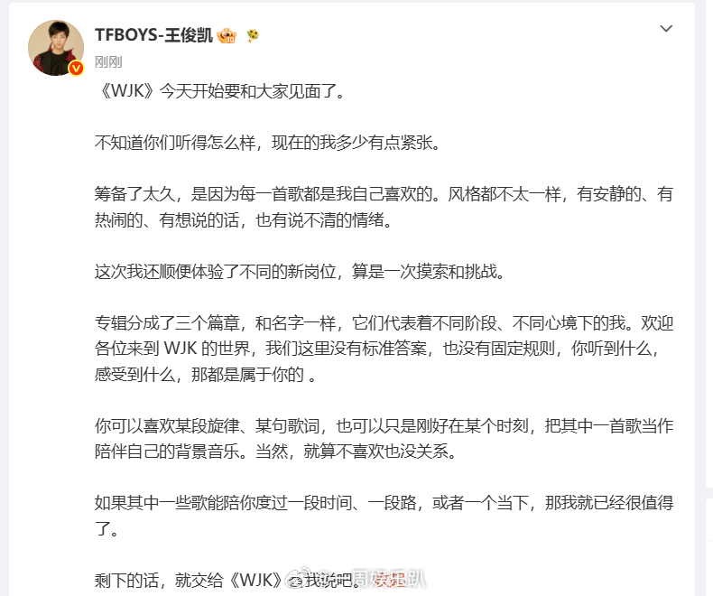 王俊凯剩下的话WJK替我说王俊凯说有点紧张无论偏爱或是无感，每一种心情都值得尊重