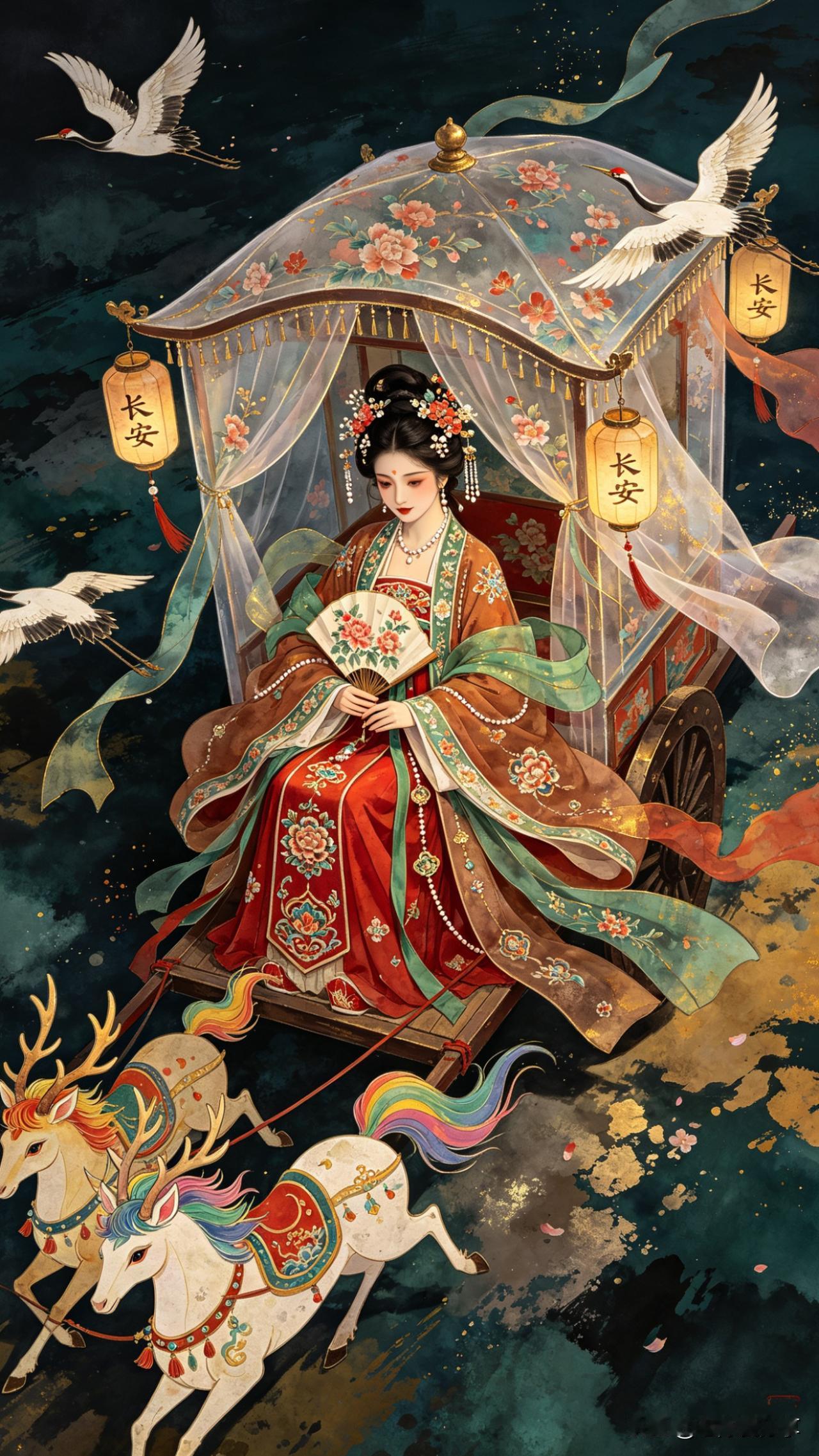 驶向长安的夜车

夜色铺开深蓝的画卷，
仙鹿拉着车，步履轻盈。
你手执团扇，坐在