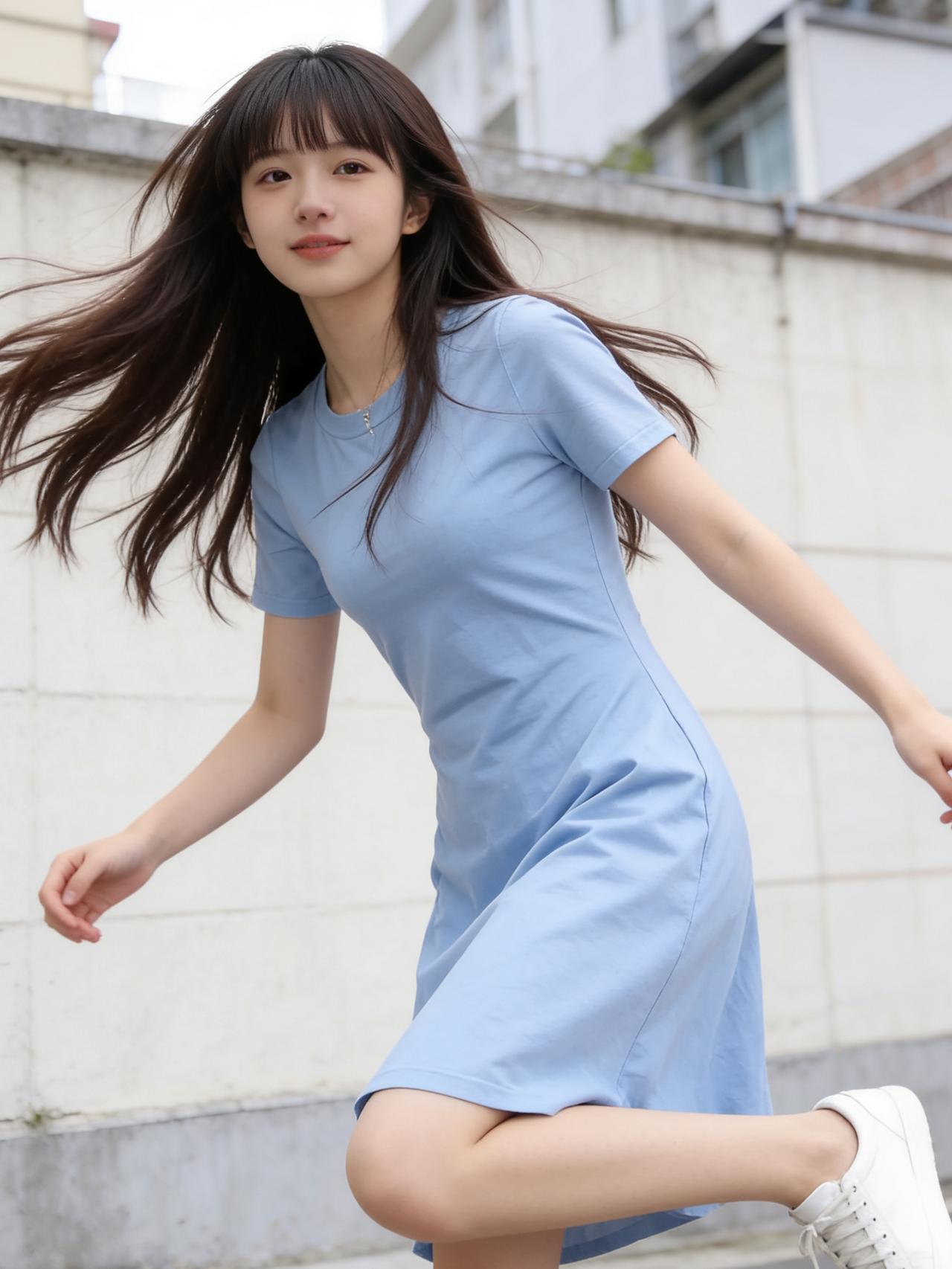夏日的元气，藏在一袭清新蓝色连衣裙里。天蓝色的棉质面料，像被阳光吻过的天空，V领