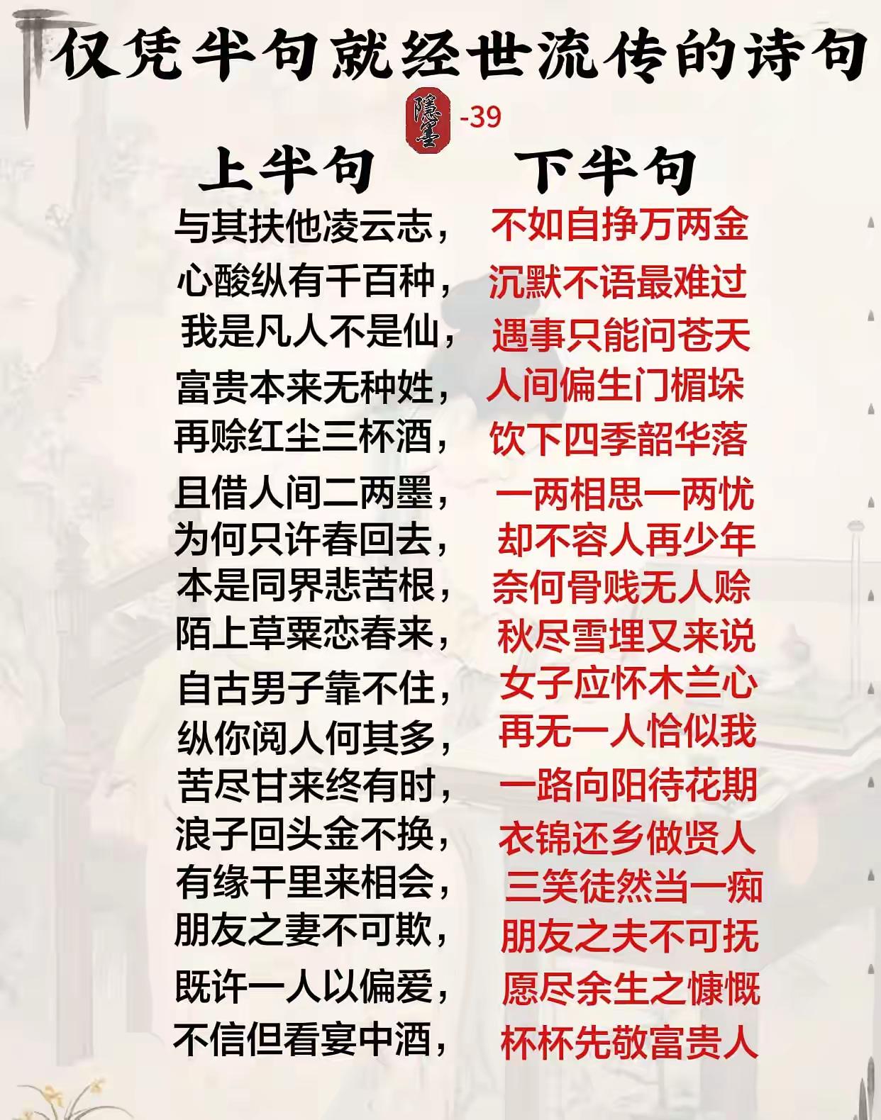 半句诗句世流传，
赠与朋友闲时阅，
人间苦乐有﻿十分，
苦处就占七八分。
自幼读