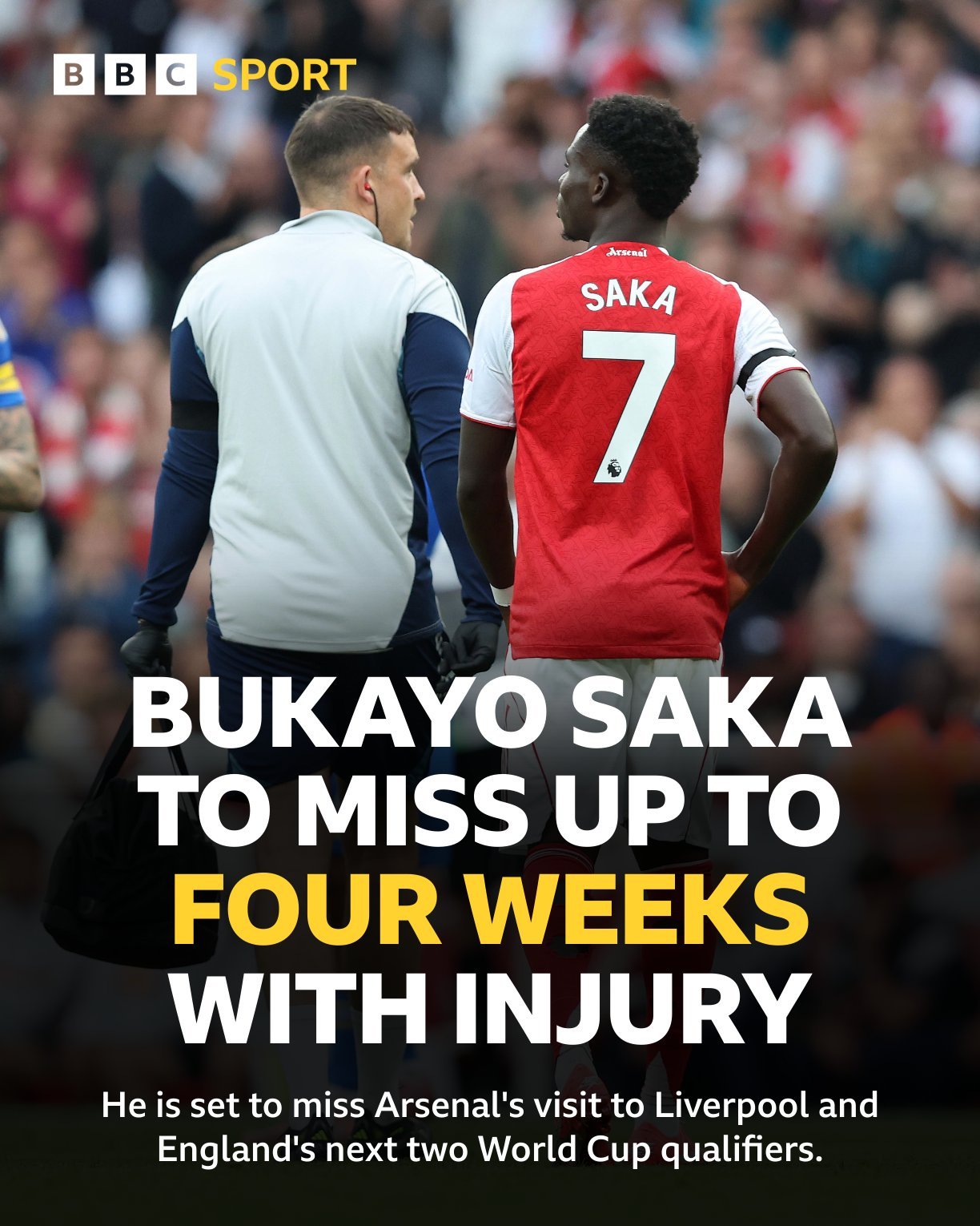 BBC Sports：萨卡因腿筋伤势伤预计缺阵3到4周，错过对阵利物浦的1场联赛