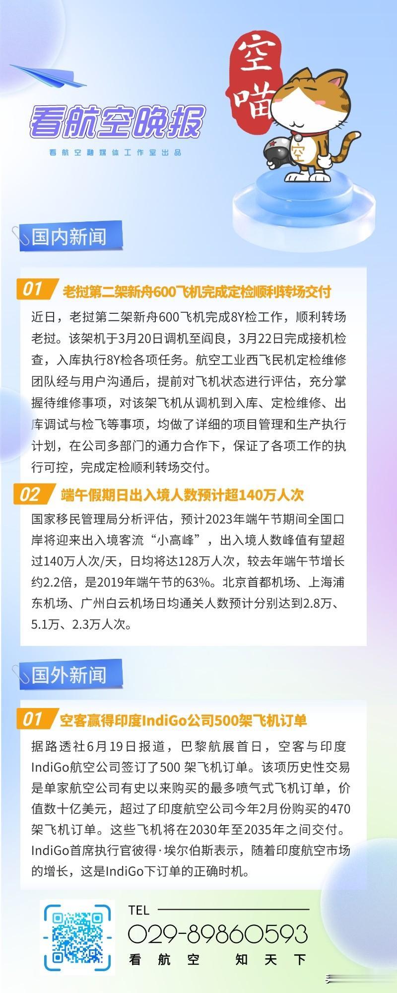 6.20晚报
1、老挝第二架新舟600飞机完成定检顺利转场交付
2、端午假期日出